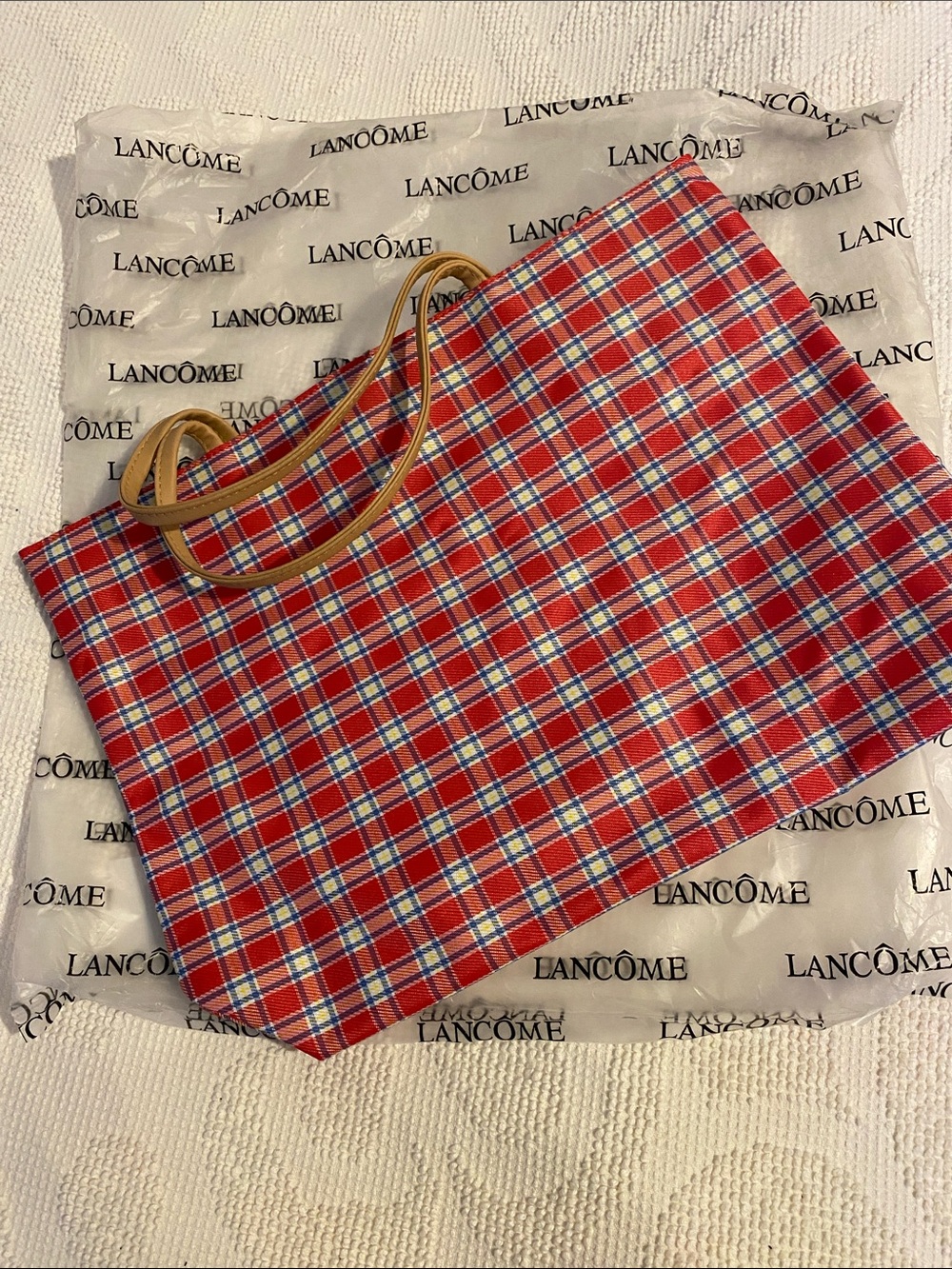 Lancôme Red Plaid Tote with Tan Handles, has been in storage